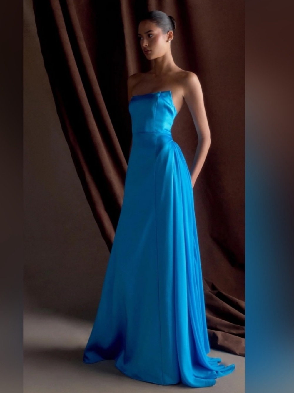 NWT Meshki Dress Rosella Maxi Gown Strapless in Satin Cyan Blue - Picture 3 of 9